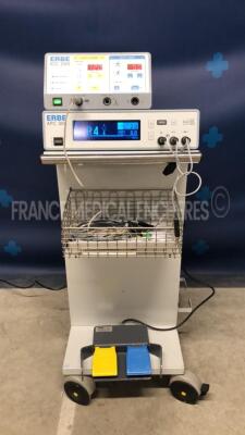 Lot of Erbe Electrosurgical Unit ICC 200EA and APC 300 - w/ Erbe trolley - footswitch (Both power up)