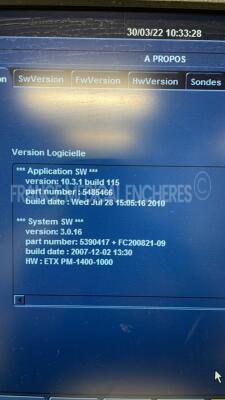 GE Ultrasound Vivid S6 - YOM 12/2009- S/W BT 10 - Options ATO/ASO - TM Anatomic - tissue velocity imaging & tissue tracking - logiq view - TEE - Qanalysis - advanced Qscan imaging - smart stress - echo - DICOM -IMT - AUTO FE - 9L-RS YOM 2010 - 4C-RS YOM - 7