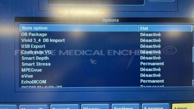 GE Ultrasound Vivid S6 - YOM 12/2009- S/W BT 10 - Options ATO/ASO - TM Anatomic - tissue velocity imaging & tissue tracking - logiq view - TEE - Qanalysis - advanced Qscan imaging - smart stress - echo - DICOM -IMT - AUTO FE - 9L-RS YOM 2010 - 4C-RS YOM - 9