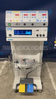 Lot of Erbe Electrosurgical Unit ICC 350 and Erbe Electrosurgical Unit APC 300 w/ Erbe Footswitch and Erbe Original Trolley (All power up)