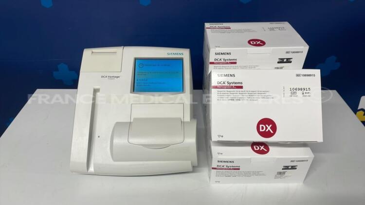 Siemens Multi Parameter Analyzer for glycemic control DCA Vantage - S/W 4.4.0.0 - w/ barcode scanner - 5 boxes of 10 reagent kits DCA system hemoglobin A1c expiration date 04/2023 (Powers up)