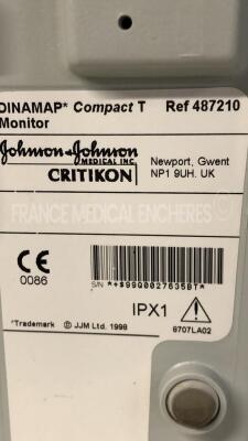 Lot of Johnson & Johnson Vital Signs Monitor Dinamap Compact TS - YOM 1996 - S/W 8621-V4.7 and GE Vital Signs Monitor Dinamap Pro Series 400V2 - YOM 2004 - S/W PMV2_RAE and GE Vital Signs Monitor Dinamap Pro Series 400 - YOM 2002 - PROC_RCB and Johnson - 14