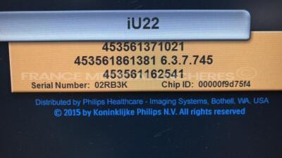 Philips Ultrasxound IU22 - YOM 11/2006 - S/W 6.3.7.745 - full options (see picture) w/ L12-5 probe - C5-2 probe - C8-4V probe - C8-5 probe - L17-5 probe (Powers up) - 5