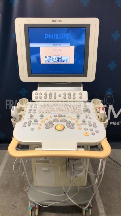 Philips Ultrasound HD11 XE - YOM 12/2006 - S/W 2.0.8 - Options DICOM network - vascular - QLAB 2DQ - cardiac - sono CT - Xres - w/ L9-3 probe - S3-1 probe - L12-3 probe - D2tcd probe (Powers up)