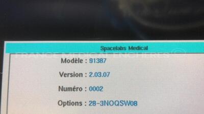 Lot of 2 Spacelabs Patient Monitors Ultraview SL - S/W 2.03.07/2.00.05 w/ Spacelabs central units Ultraview SL/SL2800 including module ECG/SPO2/TI2 and ECG hoses and SPO2 hoses and Cuffs (Both power up) - 2