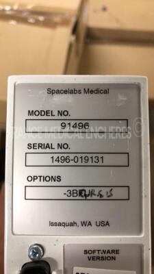 Lot of 2 Spacelabs Patient Monitors Ultraview SL - S/W 2.03.07/2.00.05 w/ Spacelabs central units Ultraview SL/SL2800 including module ECG/SPO2/TI2 and ECG hoses and SPO2 hoses and Cuffs (Both power up) - 13