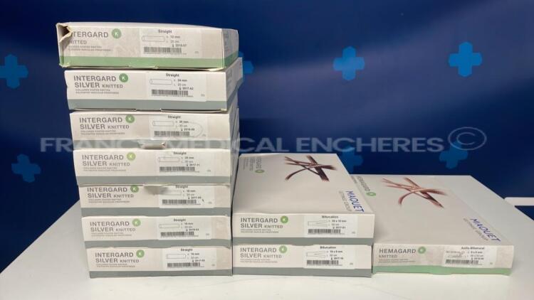 Lot of 7 Maquet Vascular Grafts Intergard - Straight 12mm x 20cm and 2 Maquet Vascular Grafts Intergard - Bifurcation 20 x 10mm 50cm and 16 x 8mm 50cm and 1 Maquet Vascular Grafts Hemagard - Axillo-Bifemoral 8x8mm 85x55cm