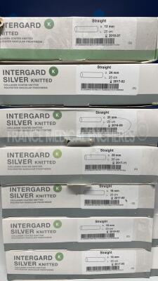 Lot of 7 Maquet Vascular Grafts Intergard - Straight 12mm x 20cm and 2 Maquet Vascular Grafts Intergard - Bifurcation 20 x 10mm 50cm and 16 x 8mm 50cm and 1 Maquet Vascular Grafts Hemagard - Axillo-Bifemoral 8x8mm 85x55cm - 2