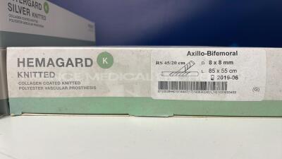 Lot of 7 Maquet Vascular Grafts Intergard - Straight 12mm x 20cm and 2 Maquet Vascular Grafts Intergard - Bifurcation 20 x 10mm 50cm and 16 x 8mm 50cm and 1 Maquet Vascular Grafts Hemagard - Axillo-Bifemoral 8x8mm 85x55cm - 4