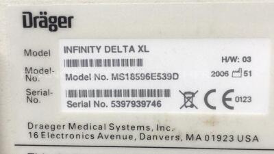 Drager Patient Monitor Infinity Delta XL - YOM 2006 - S/W VF9-1.W -w/ Drager docking station Infinity YOM 2010 - no power supply (Powers up) - 9