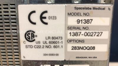 Lot of 2 Spacelabs Patient Monitors Ultraview SL - S/W 2.00.05 w/ Spacelabs central units Ultraview SL/SL including module ECG/SPO2/TI2 and ECG hoses and SPO2 hoses and Cuffs (Both power up) - 13