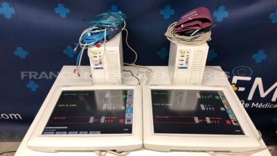 Lot of 2 Spacelabs Patient Monitors Ultraview SL - S/W 2.03.13/2.00.05 w/ Spacelabs central units Ultraview SL/SL including module ECG/SPO2/TI2 and ECG hoses and SPO2 hoses and Cuffs (Both power up)