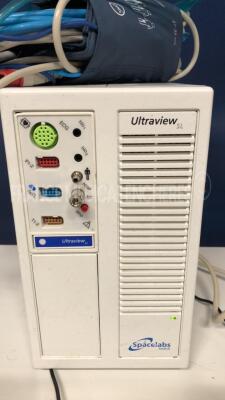 Lot of 2 Spacelabs Patient Monitors Ultraview SL - S/W 2.03.13/2.00.05 w/ Spacelabs central units Ultraview SL/SL including module ECG/SPO2/TI2 and ECG hoses and SPO2 hoses and Cuffs (Both power up) - 7