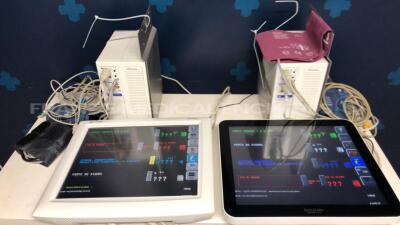 Lot of 1 Spacelabs Patient Monitor Ultraview SL - S/W 2.00.05 and 1 Spacelabs Patient Monitor Xprezzon - S/W 2.00.05 w/ Spacelabs central units Ultraview SL/SL including module ECG/SPO2/TI2 and ECG hoses and SPO2 hoses and Cuffs (Both power up)