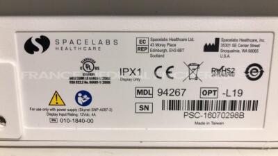 Lot of 1 Spacelabs Patient Monitor Ultraview SL - S/W 2.00.05 and 1 Spacelabs Patient Monitor Xprezzon - S/W 2.00.05 w/ Spacelabs central units Ultraview SL/SL including module ECG/SPO2/TI2 and ECG hoses and SPO2 hoses and Cuffs (Both power up) - 11