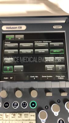 GE Ultrasound Voluson E8 Expert BT10 - YOM 06/2011 - S/W 10.0.2.3095 - Monitor holder to be repaired - Options Advanced 4D - DICOM - SonoNT- Vocal II - Advanced VCI - Advanced STIC - SonoAVC - Expert w/ GE Probe C1-5-D - YOM 05/2011 and GE Probe RIC6-12- - 5