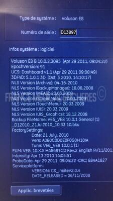 GE Ultrasound Voluson E8 Expert BT10 - YOM 06/2011 - S/W 10.0.2.3095 - Monitor holder to be repaired - Options Advanced 4D - DICOM - SonoNT- Vocal II - Advanced VCI - Advanced STIC - SonoAVC - Expert w/ GE Probe C1-5-D - YOM 05/2011 and GE Probe RIC6-12- - 6