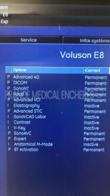 GE Ultrasound Voluson E8 Expert BT10 - YOM 06/2011 - S/W 10.0.2.3095 - Monitor holder to be repaired - Options Advanced 4D - DICOM - SonoNT- Vocal II - Advanced VCI - Advanced STIC - SonoAVC - Expert w/ GE Probe C1-5-D - YOM 05/2011 and GE Probe RIC6-12- - 7