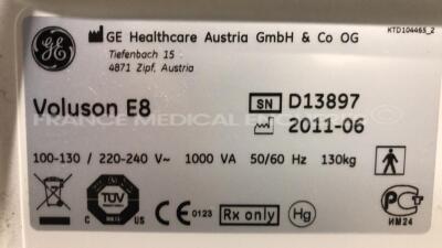 GE Ultrasound Voluson E8 Expert BT10 - YOM 06/2011 - S/W 10.0.2.3095 - Monitor holder to be repaired - Options Advanced 4D - DICOM - SonoNT- Vocal II - Advanced VCI - Advanced STIC - SonoAVC - Expert w/ GE Probe C1-5-D - YOM 05/2011 and GE Probe RIC6-12- - 24