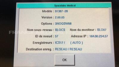 Lot of 2 Spacelabs Patient Monitors Ultraview SL - S/W 2.00.05 w/ Spacelabs central units Ultraview SL/SL including ECG hoses and SPO2 hoses and Cuffs and Bis hoses (Both power up) - 9