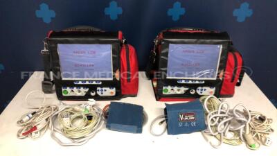 Lot of 2 Schiller Patient Monitors Argus LC Plus - S/W 2.02 - w/ transport bags - ECG electrodes - SPO2 sensors (Both power up)