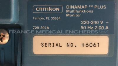 Lot of 3 Critikon Vital Signs Monitors Dinamap Plus w/ SPo2 Sensors and Cuffs (All power up) - 10