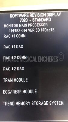 Lot of 2 GE Marquette Patient Monitors Solar 8000/View - S/W 7020 w/ 2 Marquette Module Racks Tram rac 4A and Modules TRAM 250SL - TC - SP02 - ECG/RESP - BP/Dual Temp 400 - NBP - no power supplies (Both power up) - 5