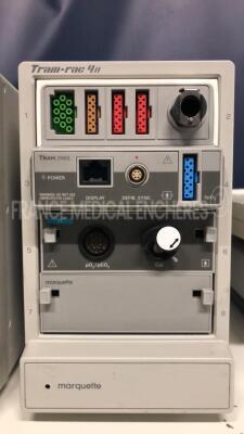 Lot of 2 GE Marquette Patient Monitors Solar 8000/View - S/W 7020 w/ 2 Marquette Module Racks Tram rac 4A and Modules TRAM 250SL - TC - SP02 - ECG/RESP - BP/Dual Temp 400 - NBP - no power supplies (Both power up) - 8