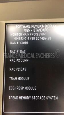 Lot of 2 GE Marquette Patient Monitors Solar 8000/View - S/W 7020 w/ 2 Marquette Module Racks Tram rac 4A and Modules TRAM 250SL - TC - SP02 - ECG/RESP - BP/Dual Temp 400 - NBP - no power supplies (Both power up) - 9