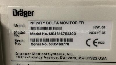 Lot of Drager Patient Monitor Infinity Delta XL - YOM 2011 - S/W VF8-3.W w/ Drager Docking Station YOM 2006 and Drager Patient Monitor Infinity Delta - YOM 2004 - S/W VF5-W w/ Drager Docking Station YOM 2004 (Both power up) - 8