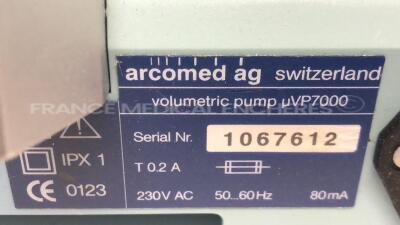 Lot of 1 Arcomed Syringe Pump SP6000 and 3 Arcomed Volumeric Pumps VP7000 - no power cables (All power up) - 9