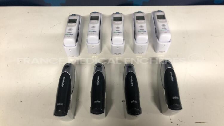 Lot of 5 Braun Ear Thermometer ThermoScan PRO 6000 and 4 Braun Ear Thermometer ThermoScan 6021 - no batteries (All power up)