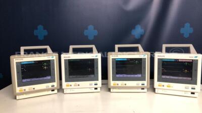 Lot of 4 Philips Patient Monitors M3046A - 1 YOM 2004 - 3 YOM 2002 - S/W D.15.00 w/ Philips Module ECG/Resp - Spo2 - PB M3000A - YOM 2002 & 2003 & 2005 & 2006 - No power cables (All Power up)