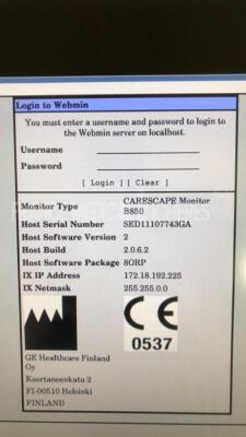 GE Central Station C1-CPU Carescape B850 -S/W 2.0.6.2 w/ GE LCD Monitor USE1921A YOM 12/2010 including GE Module Rack M1115512 - YOM 05/2011 and GE Module E-PRESTN-00 - YOM 2005 and GE Module E-CAi0V-00 - YOM 09/2013 (All power up) - 5