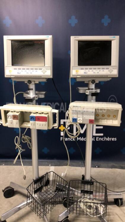 Lot of 2 Hewlett Packard Patient Monitors Viridia 24C w/ Module Racks including SPO2/PLETH and ECG/Resp and NBP and Temp modules (Both power up)
