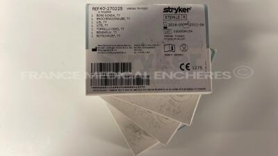 Lot of 50 Stryker Bone Screws 2030-6535-1 and 4 Stryker Bone Screws 40-27022S and 2 Stryker Intramedullaire Plugs 0939 and 4 Stryker Acetabular Cups 0580-6-848 and 2 Stryker Polyethylene Inserts 623-10-32H and 2 Stryker Stabilizer Femorals 5512-F-401 and - 5