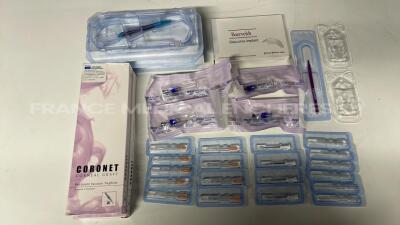 Lot of 2 Coronet Recipient Vaccum Trepines 51-840 and 3 Alcon Forceps 705-13P and 4 Dorc Syringes and 1 Baerveldt Glaucoma Implant 23030817 and 1 Surgistar Crescent Knife Straight 960021 and 9 Johnson and Johnson Cartridge 1MTEC30 and Aspen Ophtalmic Cann