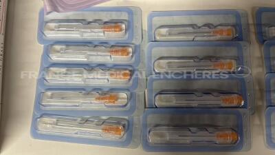 Lot of 2 Coronet Recipient Vaccum Trepines 51-840 and 3 Alcon Forceps 705-13P and 4 Dorc Syringes and 1 Baerveldt Glaucoma Implant 23030817 and 1 Surgistar Crescent Knife Straight 960021 and 9 Johnson and Johnson Cartridge 1MTEC30 and Aspen Ophtalmic Cann - 2