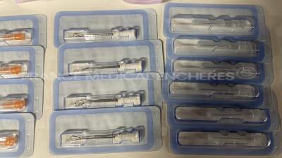 Lot of 2 Coronet Recipient Vaccum Trepines 51-840 and 3 Alcon Forceps 705-13P and 4 Dorc Syringes and 1 Baerveldt Glaucoma Implant 23030817 and 1 Surgistar Crescent Knife Straight 960021 and 9 Johnson and Johnson Cartridge 1MTEC30 and Aspen Ophtalmic Cann - 3