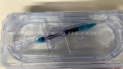 Lot of 2 Coronet Recipient Vaccum Trepines 51-840 and 3 Alcon Forceps 705-13P and 4 Dorc Syringes and 1 Baerveldt Glaucoma Implant 23030817 and 1 Surgistar Crescent Knife Straight 960021 and 9 Johnson and Johnson Cartridge 1MTEC30 and Aspen Ophtalmic Cann - 7