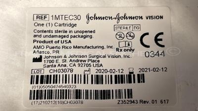 Lot of 2 Coronet Recipient Vaccum Trepines 51-840 and 3 Alcon Forceps 705-13P and 4 Dorc Syringes and 1 Baerveldt Glaucoma Implant 23030817 and 1 Surgistar Crescent Knife Straight 960021 and 9 Johnson and Johnson Cartridge 1MTEC30 and Aspen Ophtalmic Cann - 13