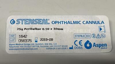 Lot of 2 Coronet Recipient Vaccum Trepines 51-840 and 3 Alcon Forceps 705-13P and 4 Dorc Syringes and 1 Baerveldt Glaucoma Implant 23030817 and 1 Surgistar Crescent Knife Straight 960021 and 9 Johnson and Johnson Cartridge 1MTEC30 and Aspen Ophtalmic Cann - 14