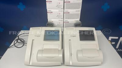 Lot of 2 Siemens Multi Parameter Analyzers for glycemic control DCA Vantage - S/W 4.4.0.0 - w/ barcode scanner - 10 boxes of 10 reagent kits DCA system hemoglobin A1c expiration date 04/2023 (Powers up)