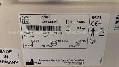 Lot of 2 Fresenius Dialysis 5008 Cordiax - YOM 2015 and 2014 - S/W 4.57 Count 20954H and 19540H (Both power up) - 11