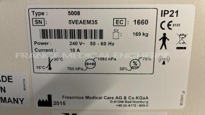 Lot of 2 Fresenius Dialysis 5008 Cordiax - YOM 2015 and 2014 - S/W 4.57 Count 17892H and 20571H (Both power up) - 10