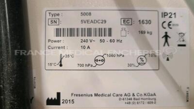 Lot of 2 Fresenius Dialysis 5008 Cordiax - YOM 2015 - S/W 4.57 Count 19809H and 18397H (Both power up) - 10