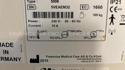 Lot of 2 Fresenius Dialysis 5008 Cordiax - YOM 2015 - S/W 4.57 Count 18900H and 17543H (Both power up) - 10