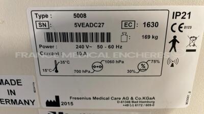 Lot of 2 Fresenius Dialysis 5008 Cordiax - YOM 2015 - S/W 4.57 Count 18900H and 17543H (Both power up) - 11