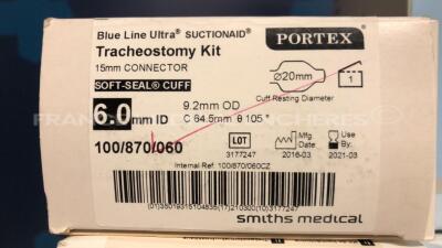 Lot of 10 Convatex Protective Powder Orahesive 25535 use by 10/2021 and 10 Convatex Protective Paste Orabase 129730 use by 09/2021 and 65 Abbott Disposable Unfolder Platinium 1 Series Cartridges 1MTEC30 use by 05/2018 and 1 Smiths medical Portex Tracheo - 8