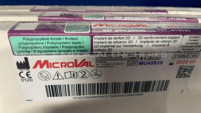 Lot of 8 Microval Knitted Polypropylenes 413015 and Microval Reloadable Vascular Linear Stapler (30mm) TX30V and 6 Microval 3D Anatomical Reinforcement Implants 411011 and Microval Knitted Polypropylenes 413030 - 8